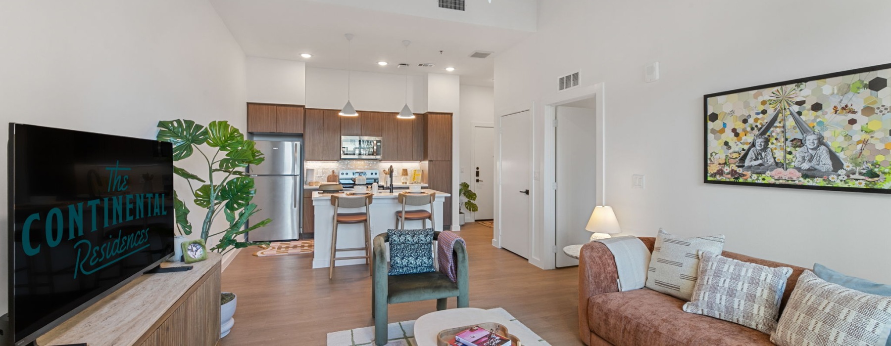 Living room with kitchen view